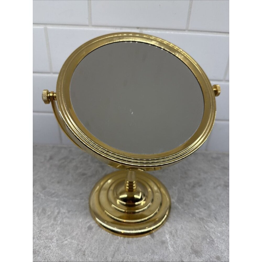 Vintage 10” Brass Standing Two Sided Regular & Magnifying Swivel Mirror.
